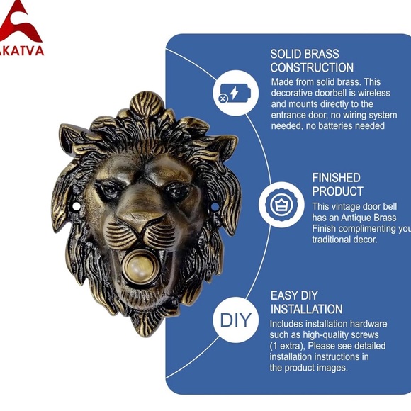 Antique Brass Colored Metal Lion Head Door Bell NIOB - Picture 7 of 8